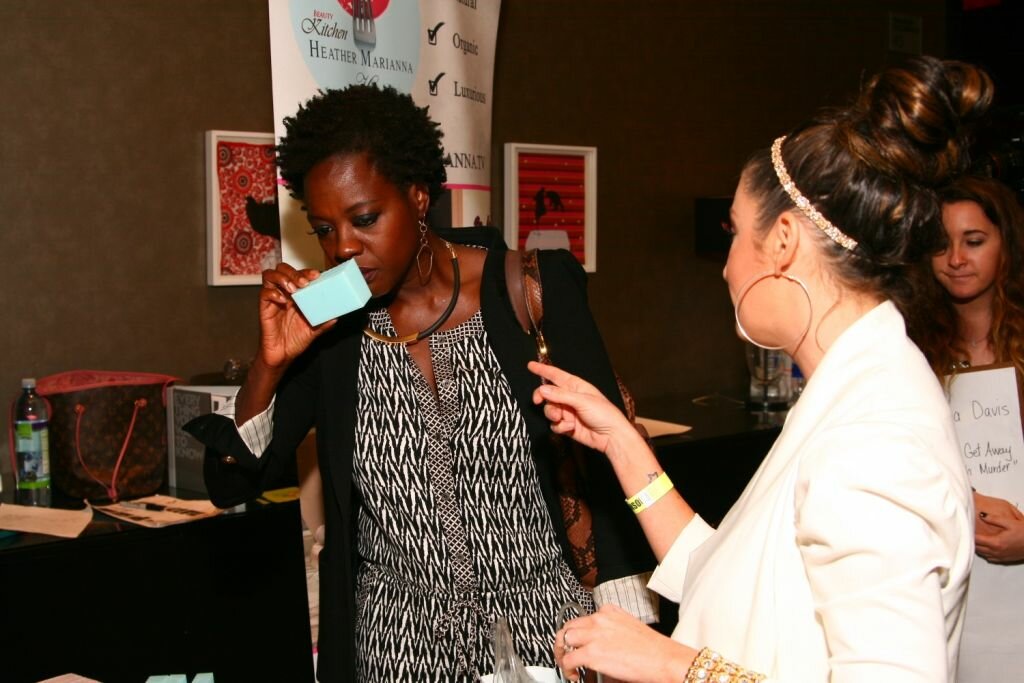Viola Davis browsing Beauty Kitchen selection of soap before getting ready for Golden Globe Awards